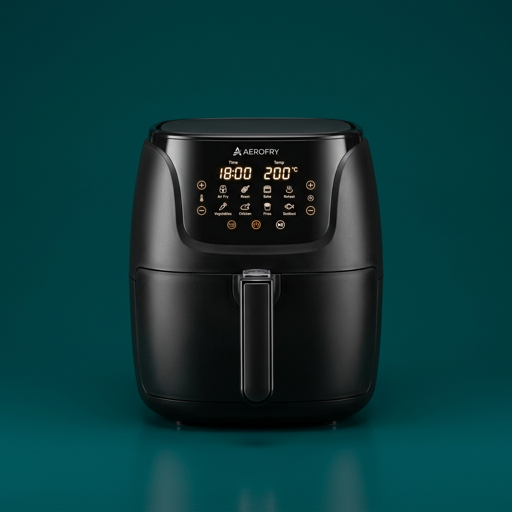 AirPro 5.5L Digital Air Fryer in matte black on a teal background