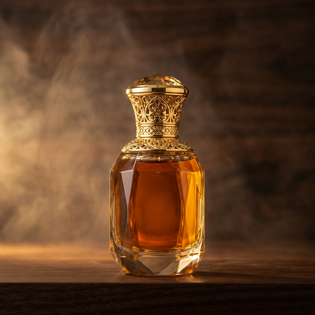 Amber Oud eau de parfum in a faceted amber bottle with gold cap