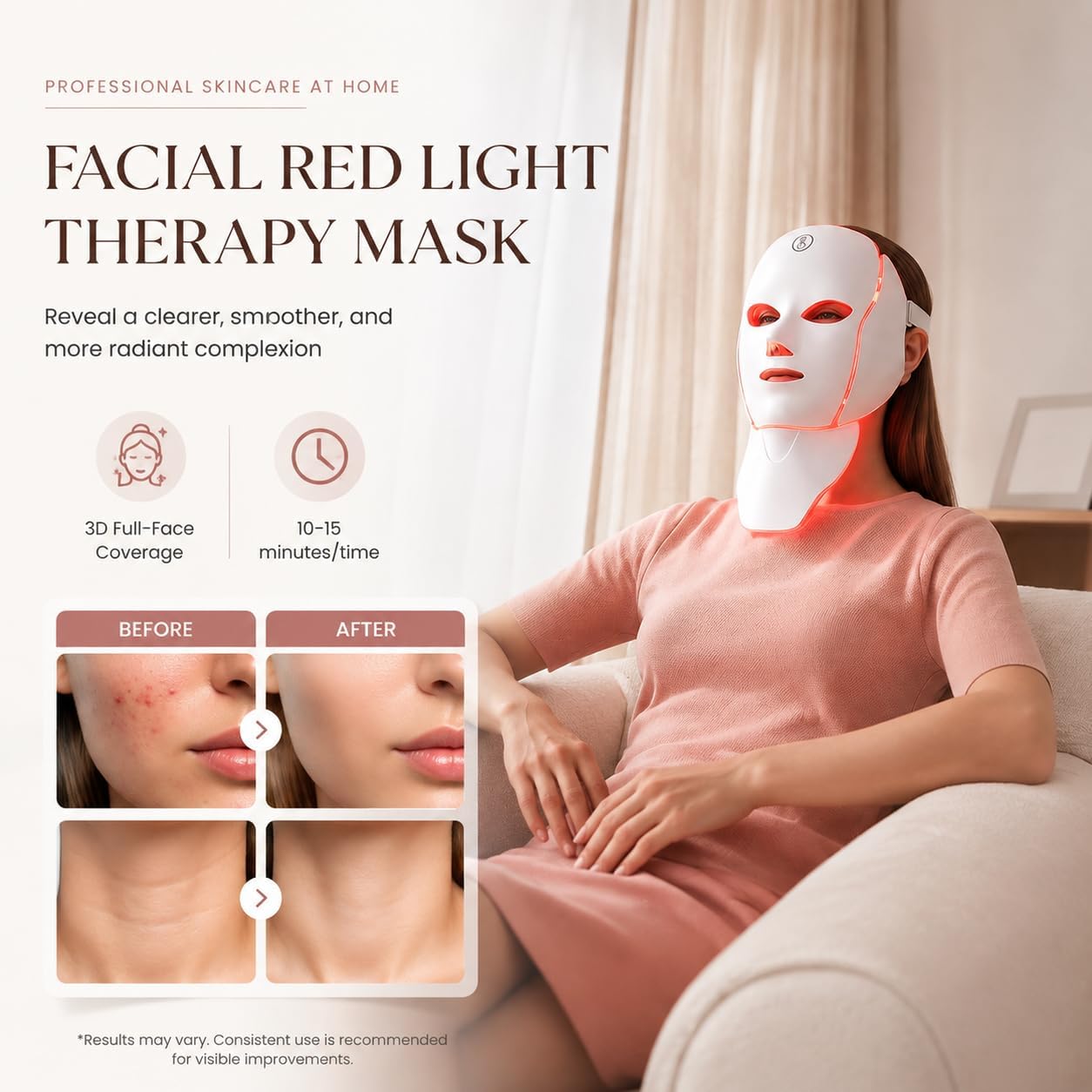 LED Face Neck Mask Light Therapy for Skin Care Anti Aging Wrinkles Acne Treatment