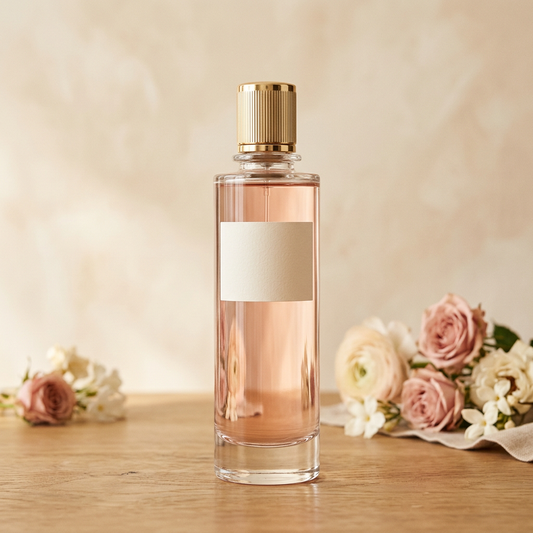 Velvet Musk eau de parfum in a clear bottle with blush pink liquid and blank label