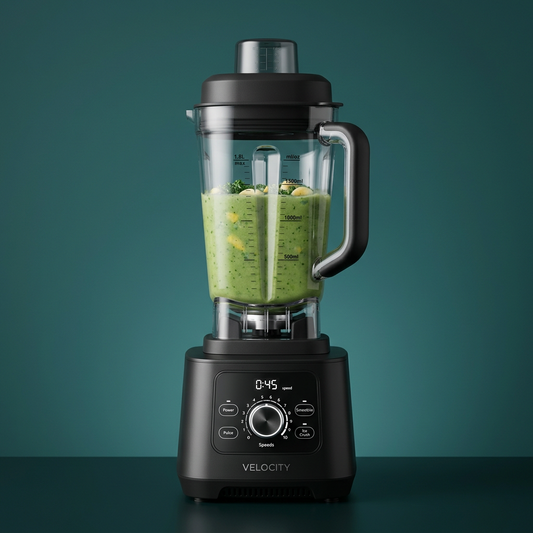 TurboBlend Pro 1.8L high-speed blender with green smoothie on a teal background