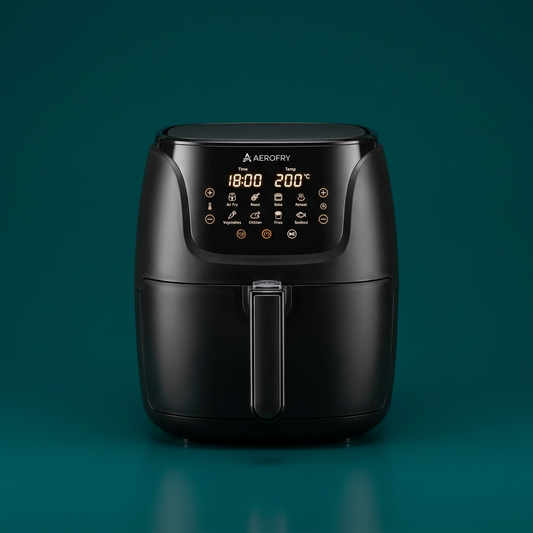 AirPro 5.5L Digital Air Fryer in matte black on a teal background