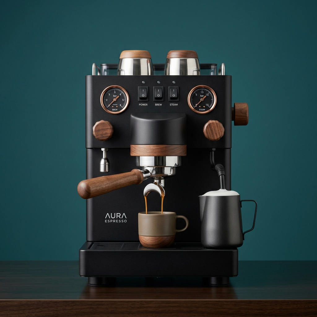 BrewMaster Barista espresso machine in matte black with wooden accents on a teal background