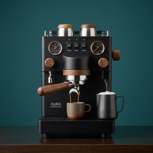 BrewMaster Barista espresso machine in matte black with wooden accents on a teal background